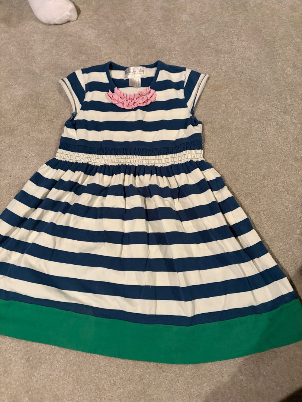 Children's Navy & White Stripe Dress with Green Hem - Pink Accent